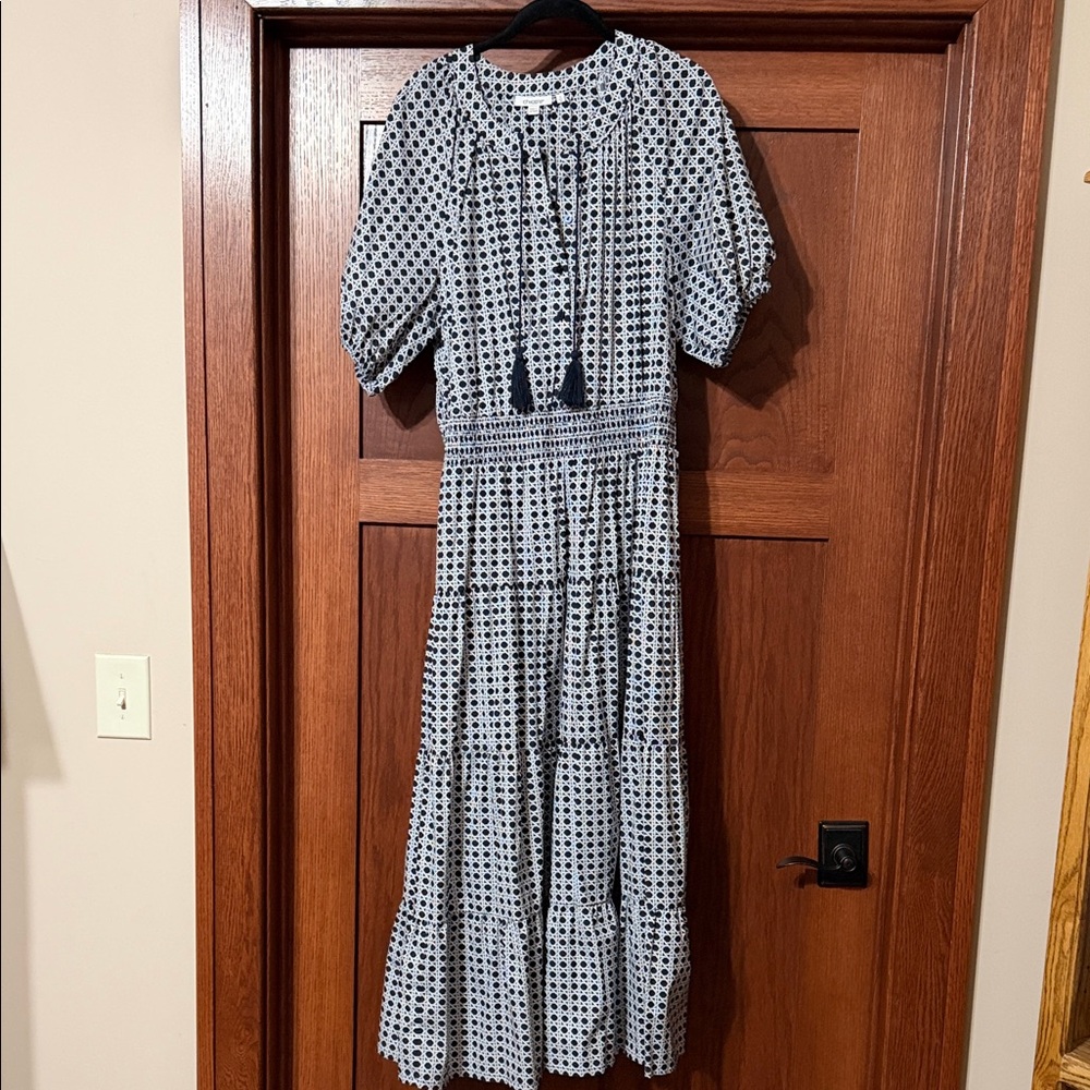 Chico's Navy and White Printed Maxi Dress with Tassel Tie